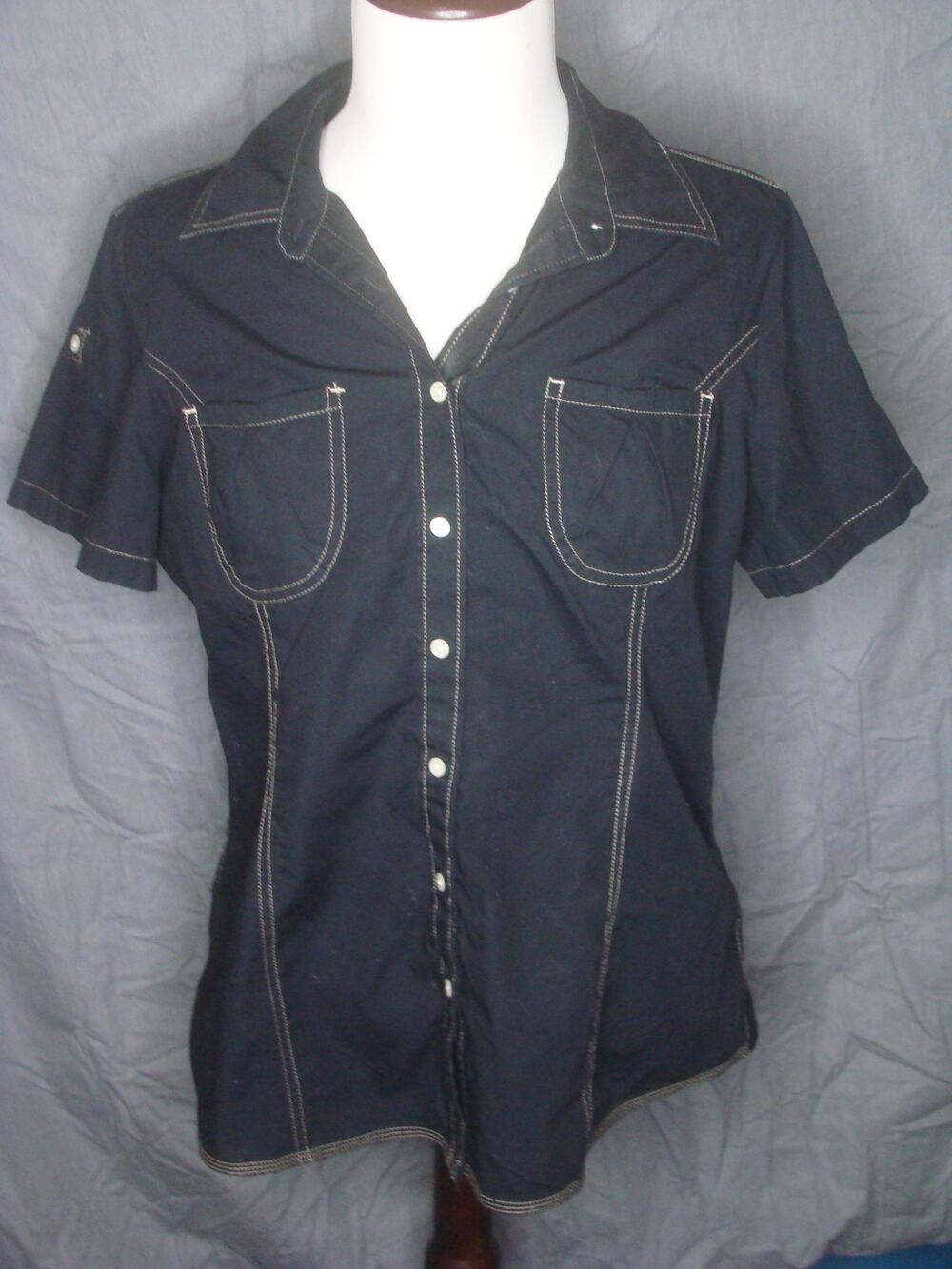 Tommy Hilfiger Button Down w/Cap Sleeves Cuffs Black Women's Large